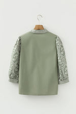 Grass Green Floral Puff Sleeve Contrast V Neck Patchwork Blouse - MarkoFit