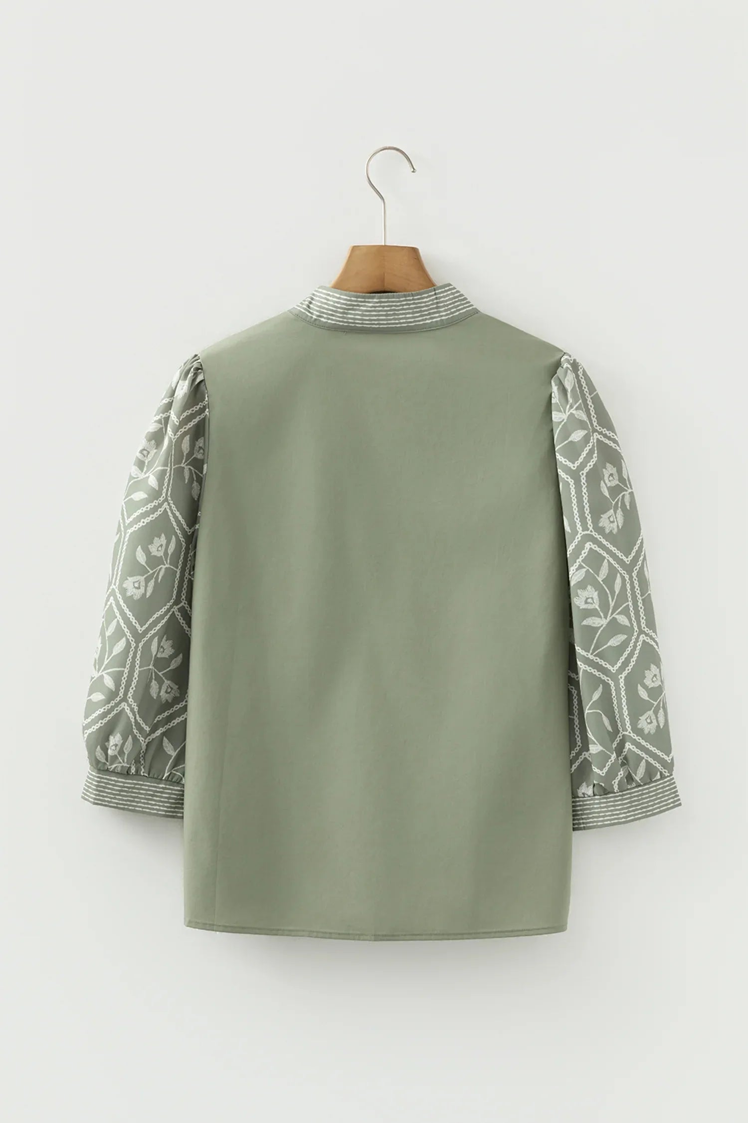 Grass Green Floral Puff Sleeve Contrast V Neck Patchwork Blouse - MarkoFit