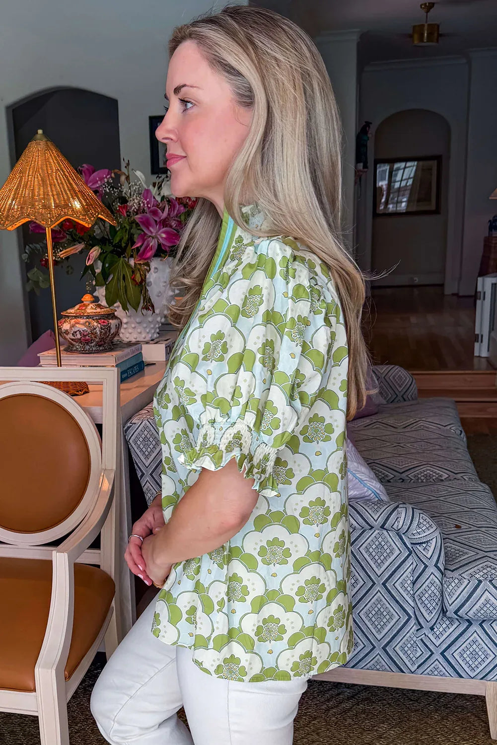 Green Floral Clouds Ruffled Short Sleeve Summer Blouse - MarkoFit