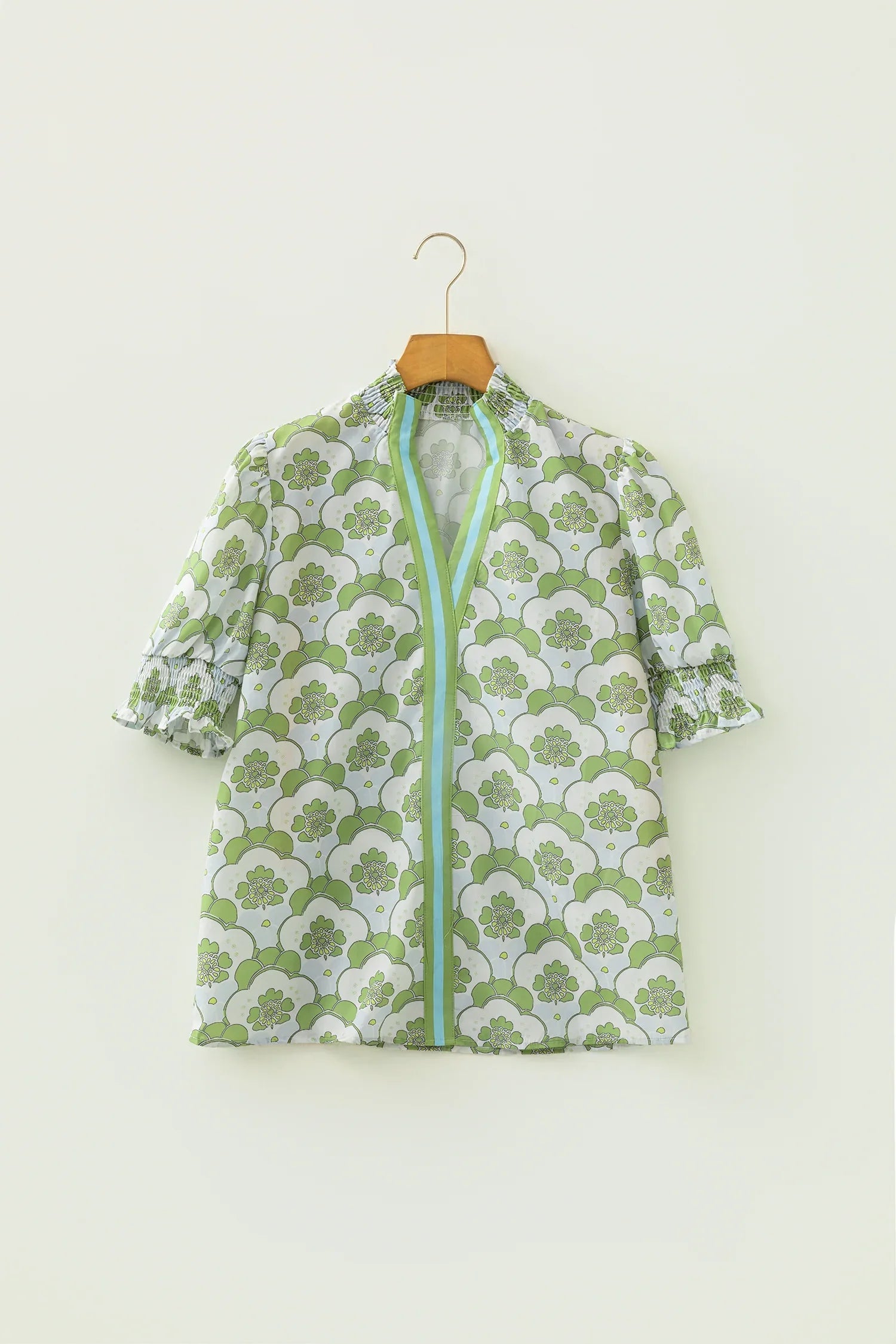 Green Floral Clouds Ruffled Short Sleeve Summer Blouse - MarkoFit
