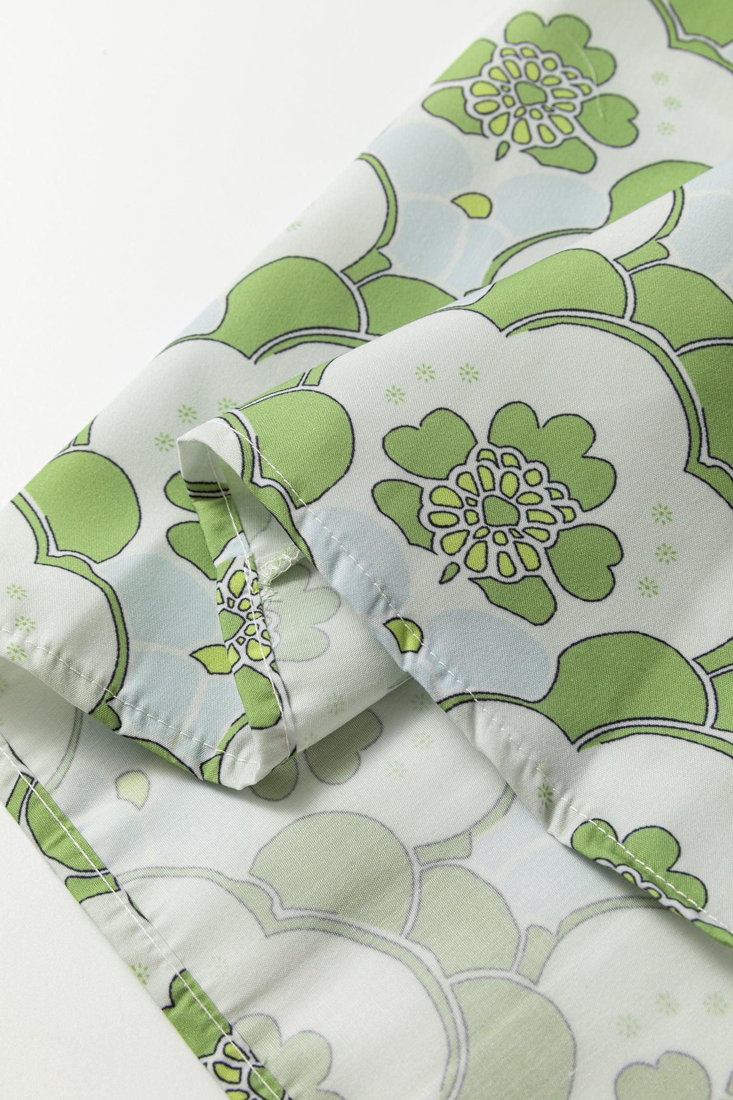 Green Floral Clouds Ruffled Short Sleeve Summer Blouse - MarkoFit