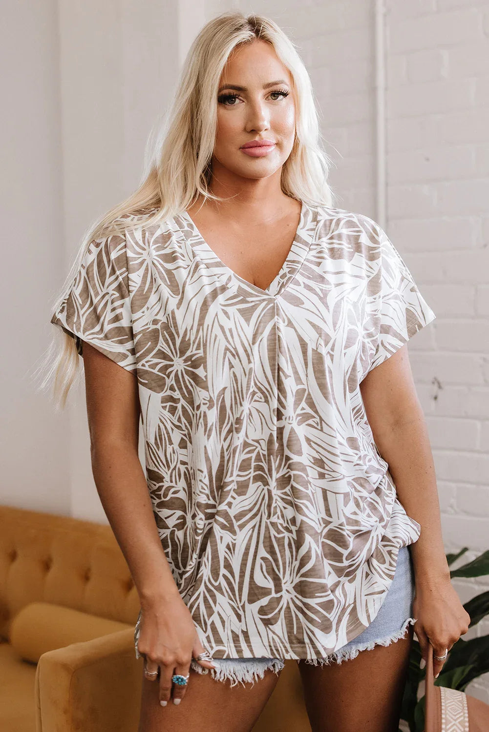 Khaki Floral Print V Neck Short Sleeve Loose Fit Blouse - MarkoFit