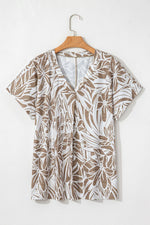 Khaki Floral Print V Neck Short Sleeve Loose Fit Blouse - MarkoFit