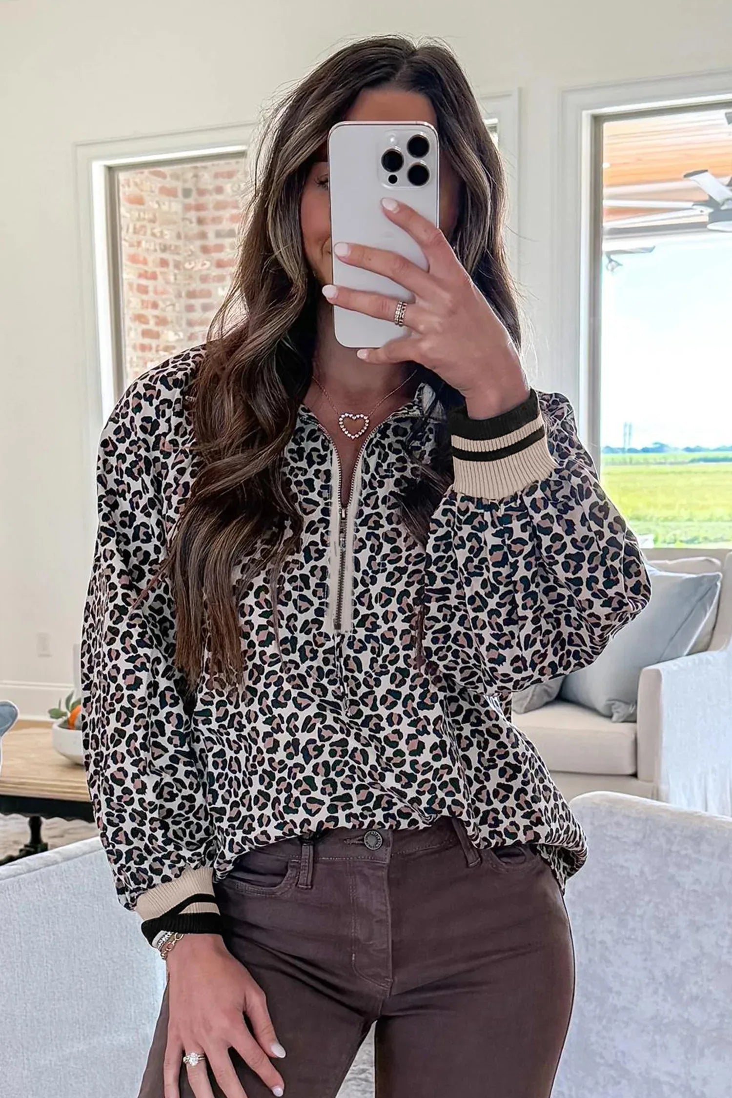 Khaki Leopard Print Half Zip up Blouse - MarkoFit