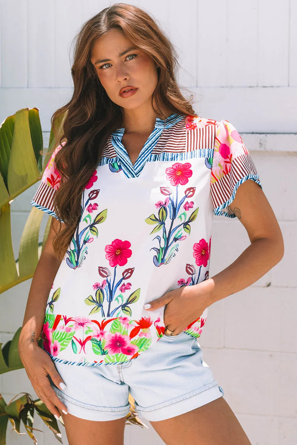 Pink Floral Striped Patchwork Short Sleeve Split Neck Blouse - MarkoFit