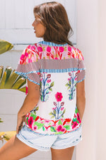 Pink Floral Striped Patchwork Short Sleeve Split Neck Blouse - MarkoFit