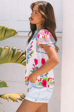 Pink Floral Striped Patchwork Short Sleeve Split Neck Blouse - MarkoFit