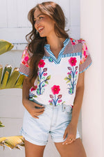 Pink Floral Striped Patchwork Short Sleeve Split Neck Blouse - MarkoFit