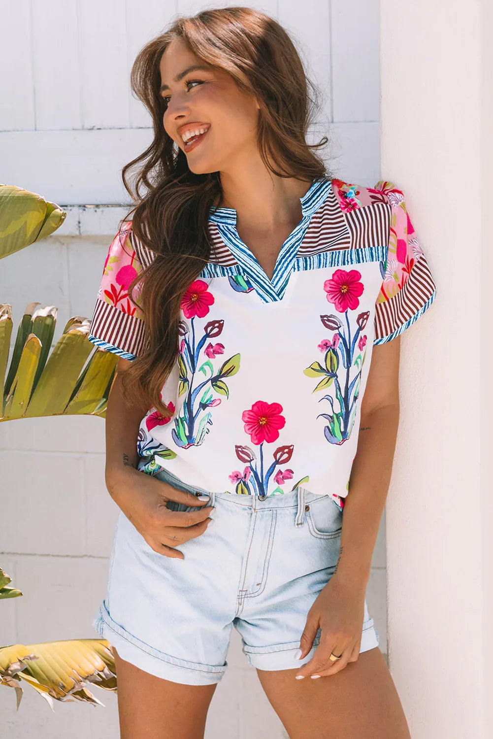 Pink Floral Striped Patchwork Short Sleeve Split Neck Blouse - MarkoFit