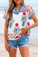 Pink Floral Striped Patchwork Short Sleeve Split Neck Blouse - MarkoFit