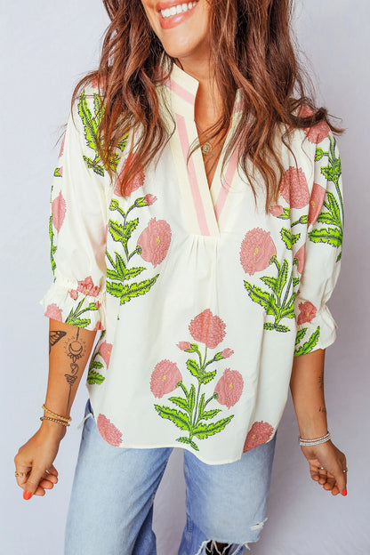 Casual Wild Flower Print V Neck 3/4 Sleeve Blouse - MarkoFit