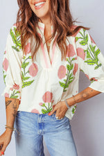 Casual Wild Flower Print V Neck 3/4 Sleeve Blouse - MarkoFit