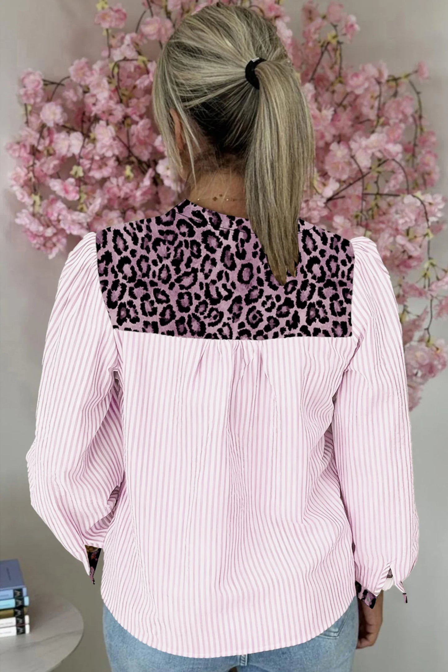 Pink Stripe Leopard Patchwork Long Sleeve Shirt - MarkoFit