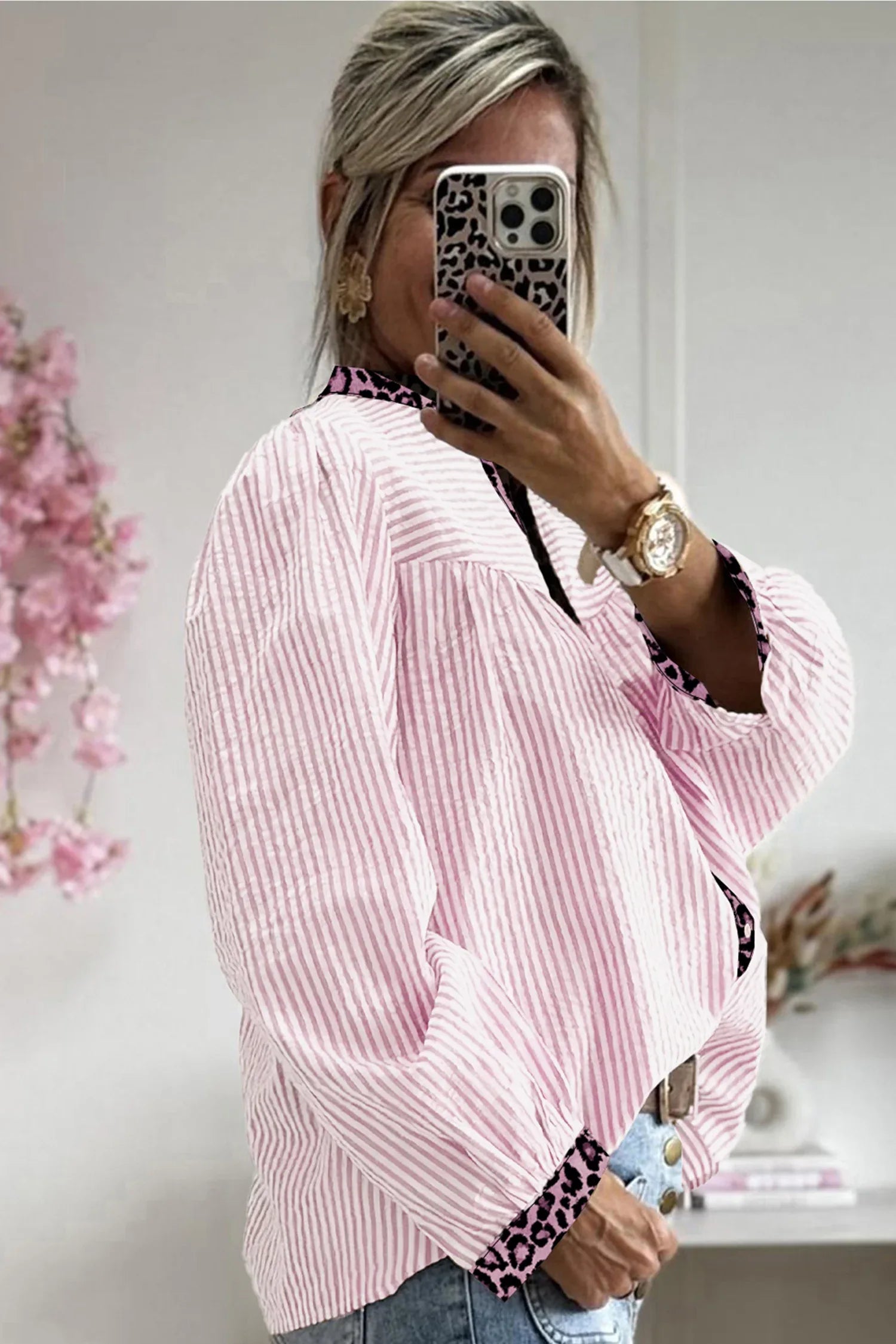 Pink Stripe Leopard Patchwork Long Sleeve Shirt - MarkoFit