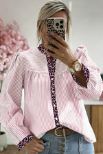 Pink Stripe Leopard Patchwork Long Sleeve Shirt - MarkoFit