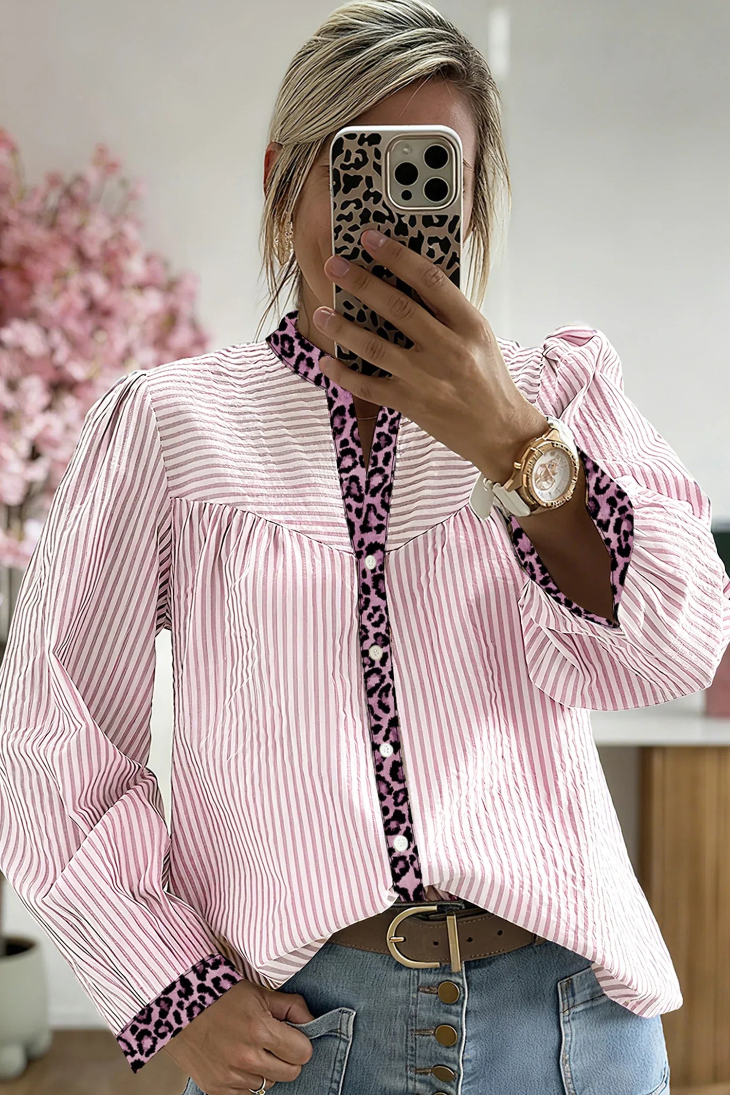 Pink Stripe Leopard Patchwork Long Sleeve Shirt - MarkoFit
