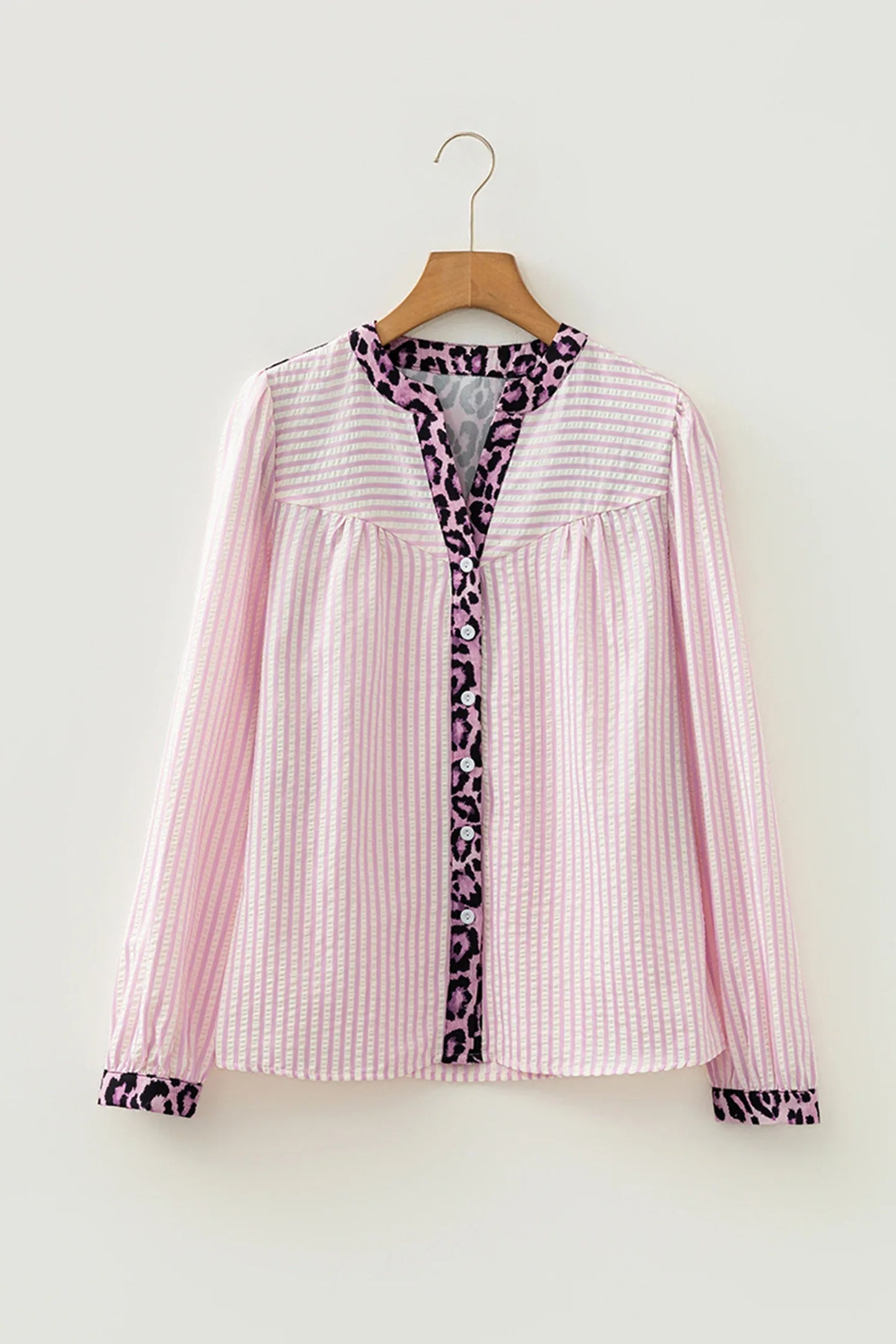 Pink Stripe Leopard Patchwork Long Sleeve Shirt - MarkoFit