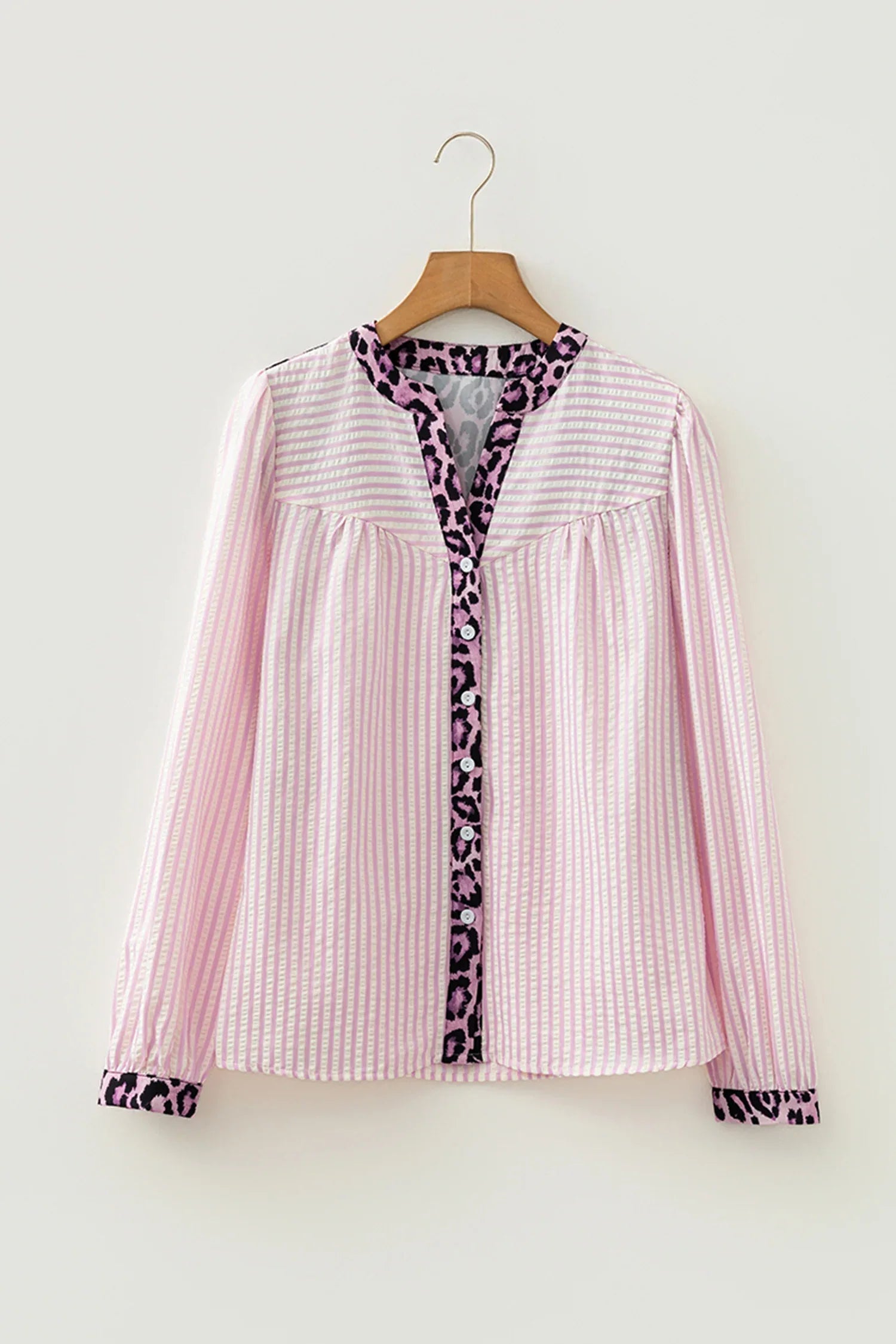 Pink Stripe Leopard Patchwork Long Sleeve Shirt - MarkoFit