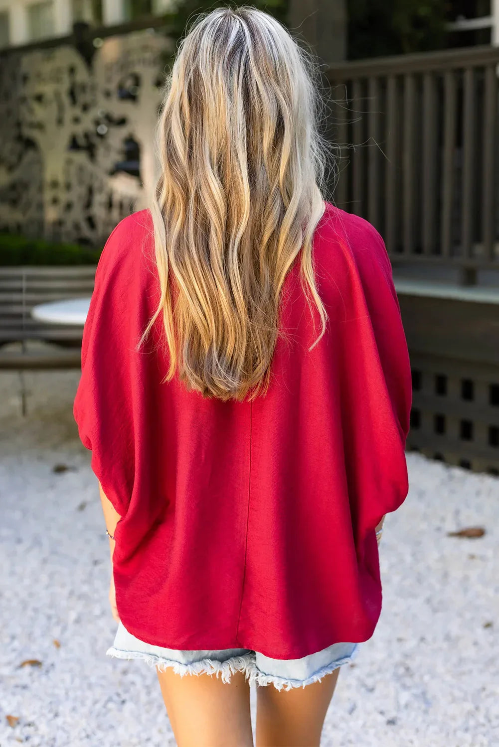 Racing Red Braided Trim V Neck Half Sleeve Blouse - MarkoFit