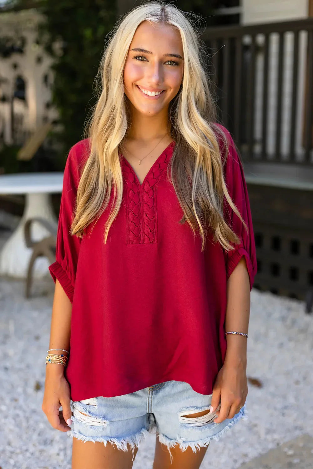 Racing Red Braided Trim V Neck Half Sleeve Blouse - MarkoFit