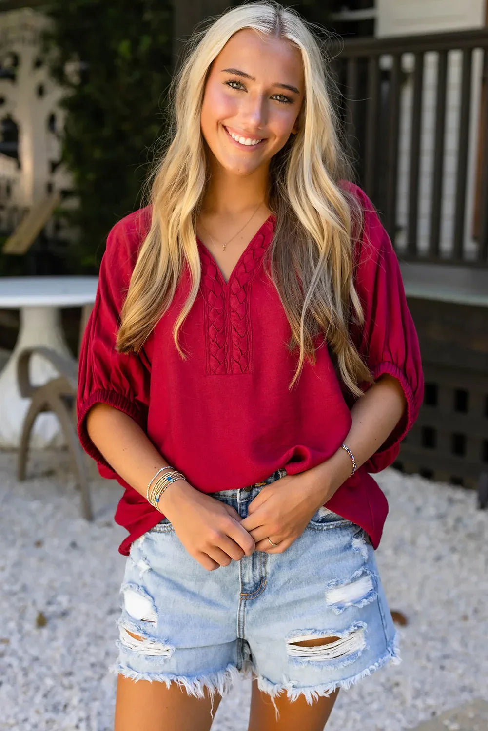 Racing Red Braided Trim V Neck Half Sleeve Blouse - MarkoFit