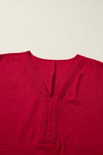 Racing Red Braided Trim V Neck Half Sleeve Blouse - MarkoFit