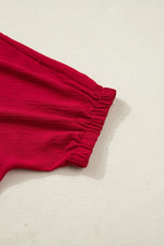 Racing Red Braided Trim V Neck Half Sleeve Blouse - MarkoFit