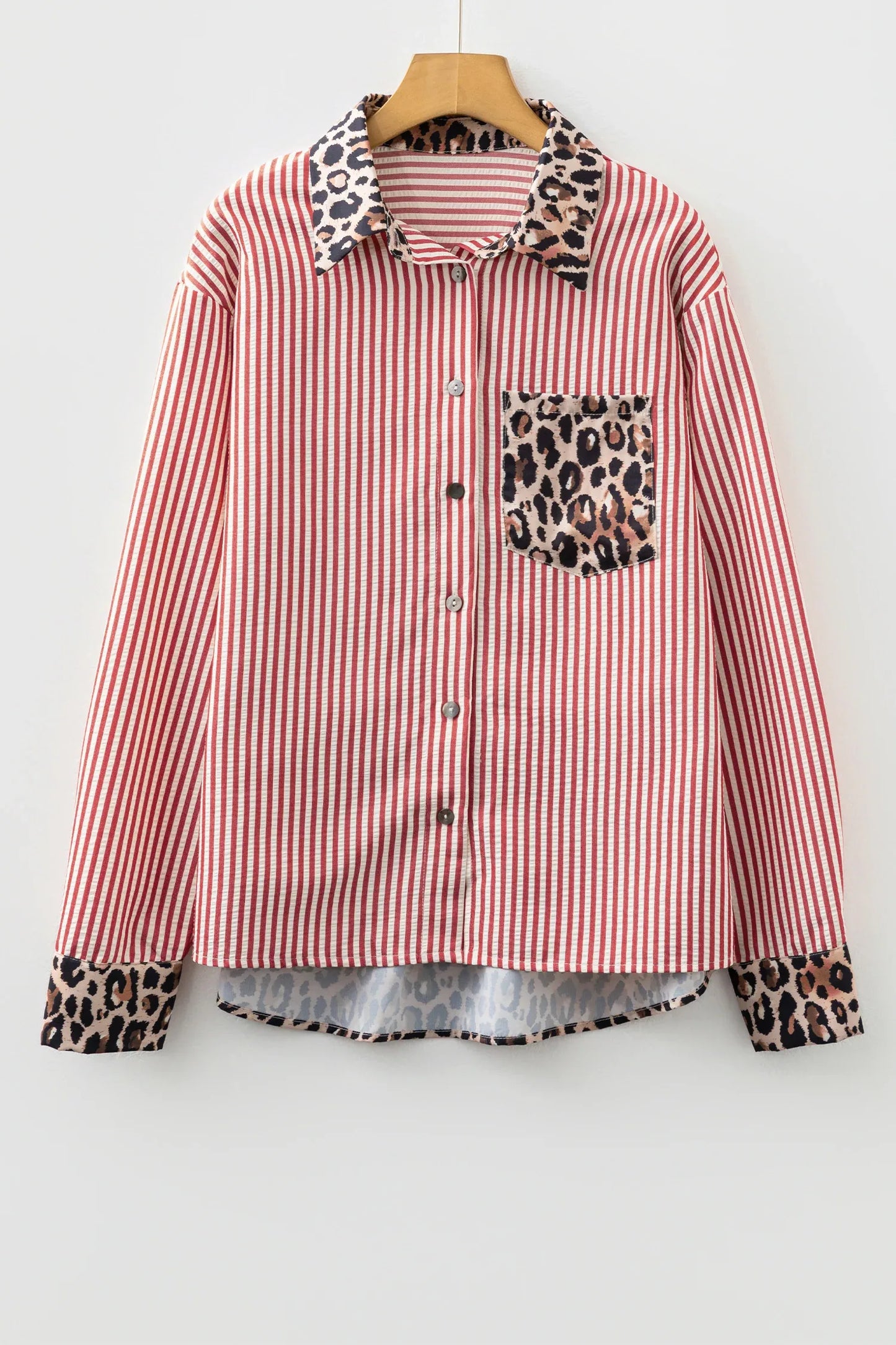 Racing Red Striped Leopard Print Patchwork Button Up Womens Shirt - MarkoFit