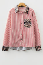 Racing Red Striped Leopard Print Patchwork Button Up Womens Shirt - MarkoFit