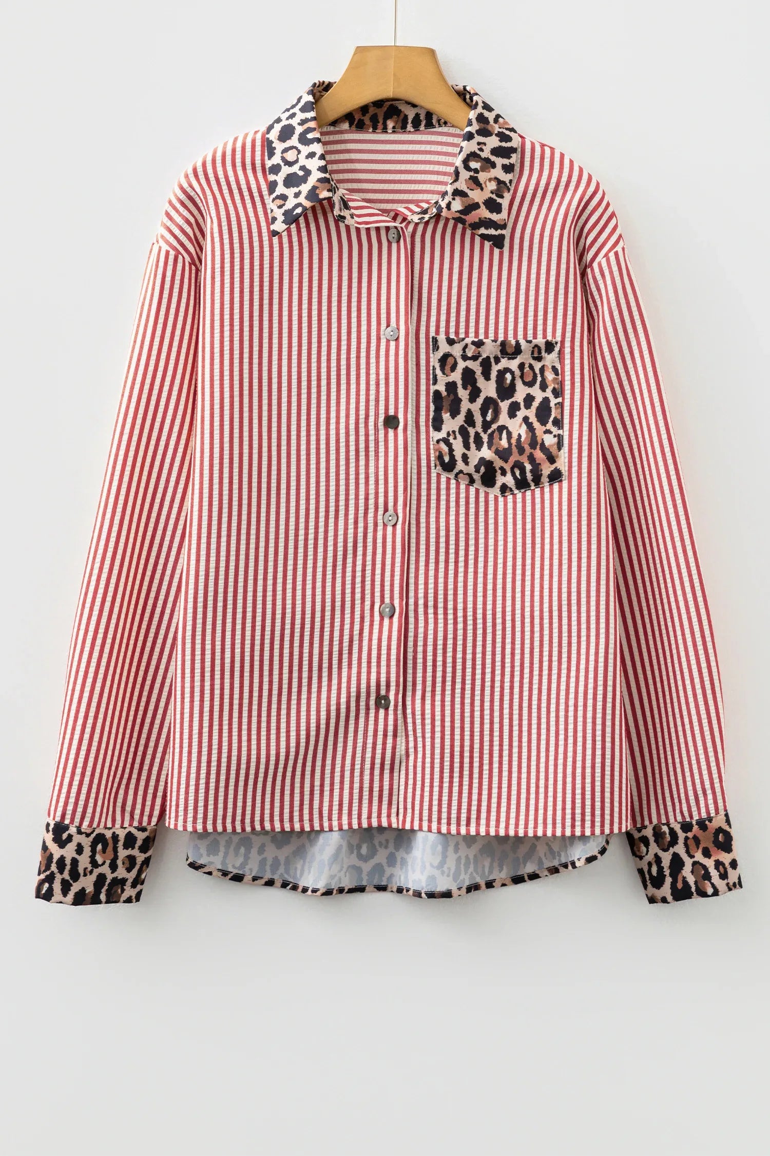 Racing Red Striped Leopard Print Patchwork Button Up Womens Shirt - MarkoFit