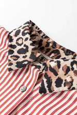 Racing Red Striped Leopard Print Patchwork Button Up Womens Shirt - MarkoFit