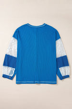 Sky Blue Lace Floral Patchwork Sleeve Stitching V Neck Rib Knit Blouse - MarkoFit