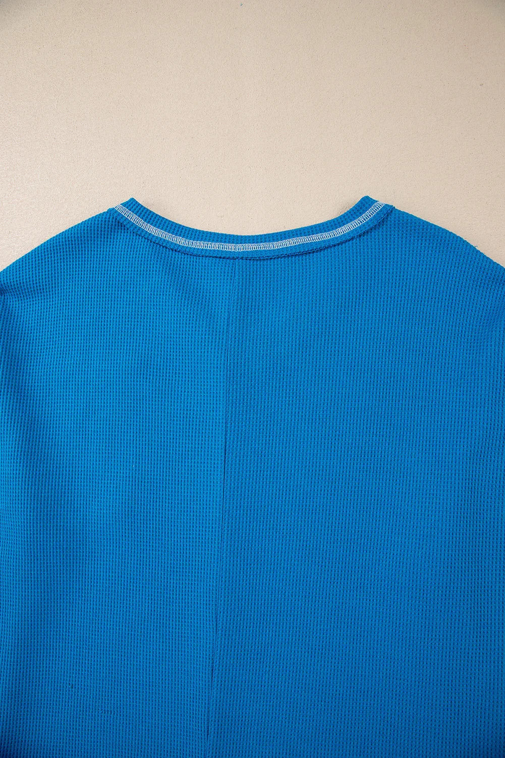 Sky Blue Lace Floral Patchwork Sleeve Stitching V Neck Rib Knit Blouse - MarkoFit