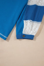 Sky Blue Lace Floral Patchwork Sleeve Stitching V Neck Rib Knit Blouse - MarkoFit