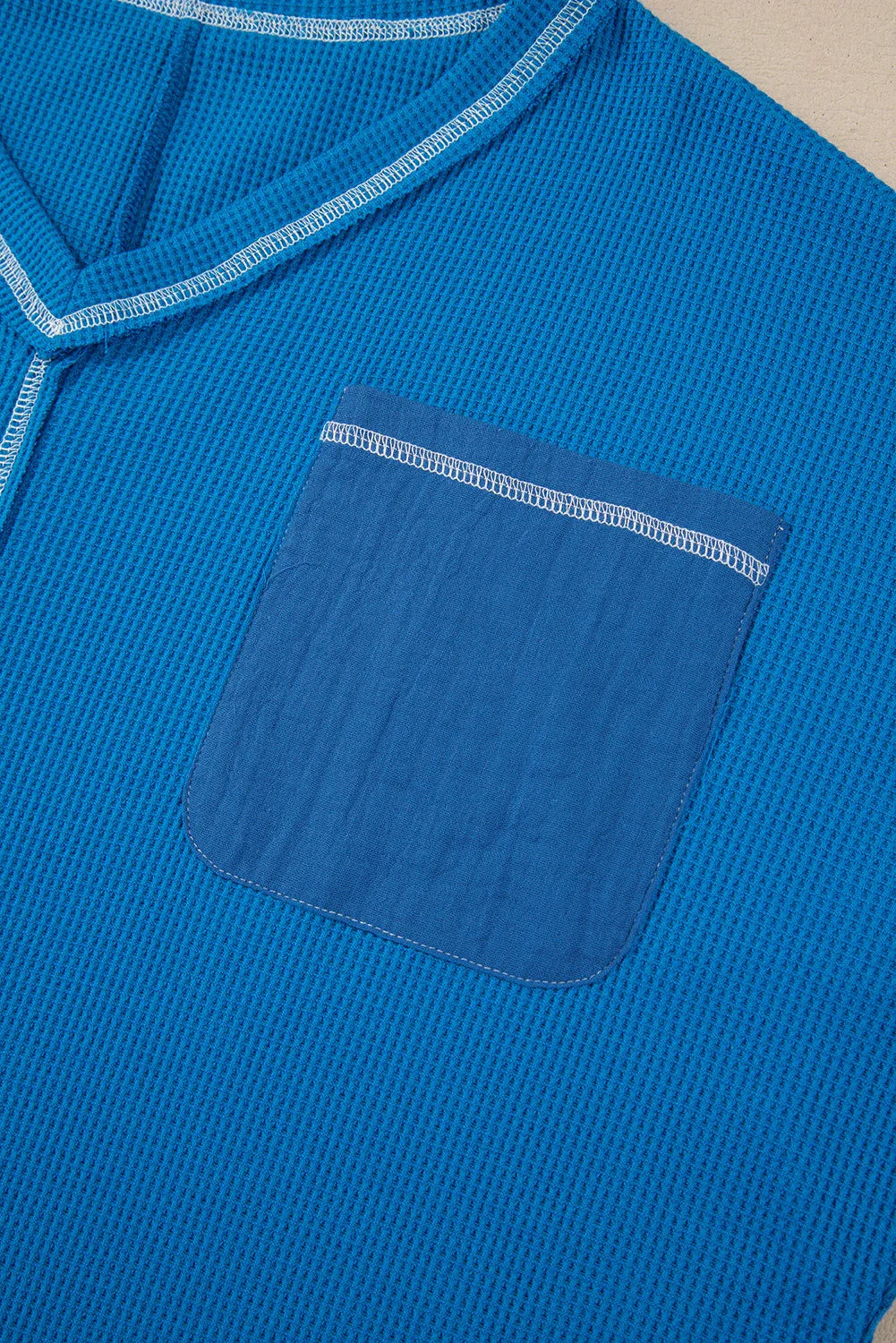 Sky Blue Lace Floral Patchwork Sleeve Stitching V Neck Rib Knit Blouse - MarkoFit