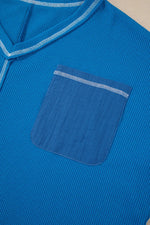 Sky Blue Lace Floral Patchwork Sleeve Stitching V Neck Rib Knit Blouse - MarkoFit