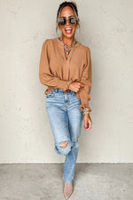 Straw Yellow Solid Color Shirred Cuff Notch V Neck Blouse - MarkoFit