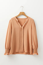 Straw Yellow Solid Color Shirred Cuff Notch V Neck Blouse - MarkoFit