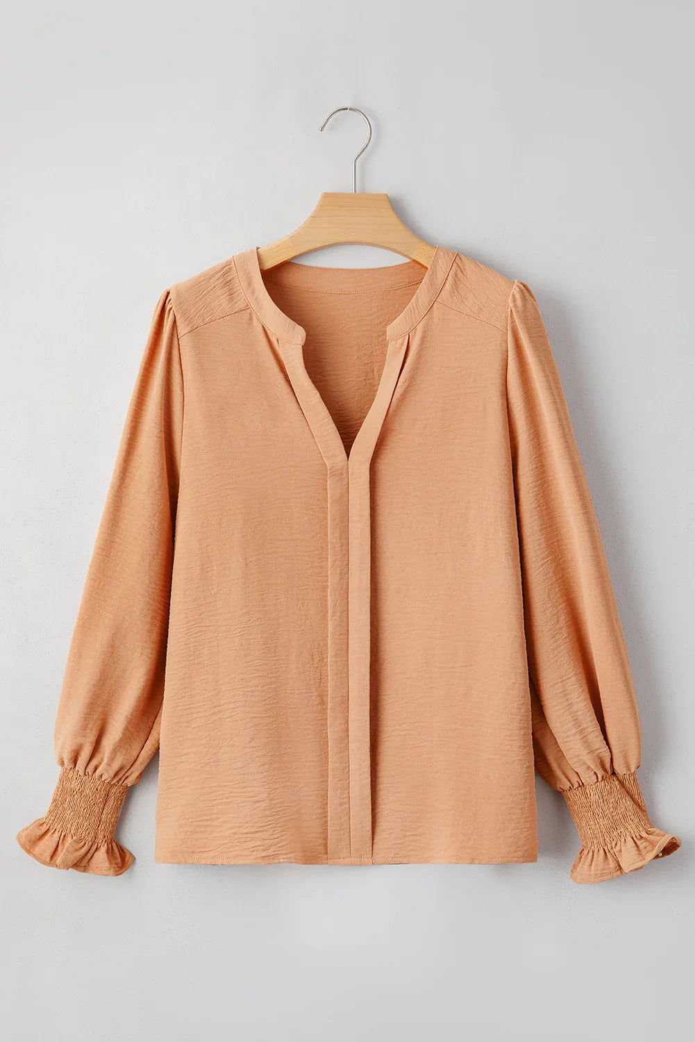 Straw Yellow Solid Color Shirred Cuff Notch V Neck Blouse - MarkoFit