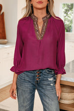 Violet Leopard Trim V Neck Flounced Bracelet Sleeve Blouse - MarkoFit