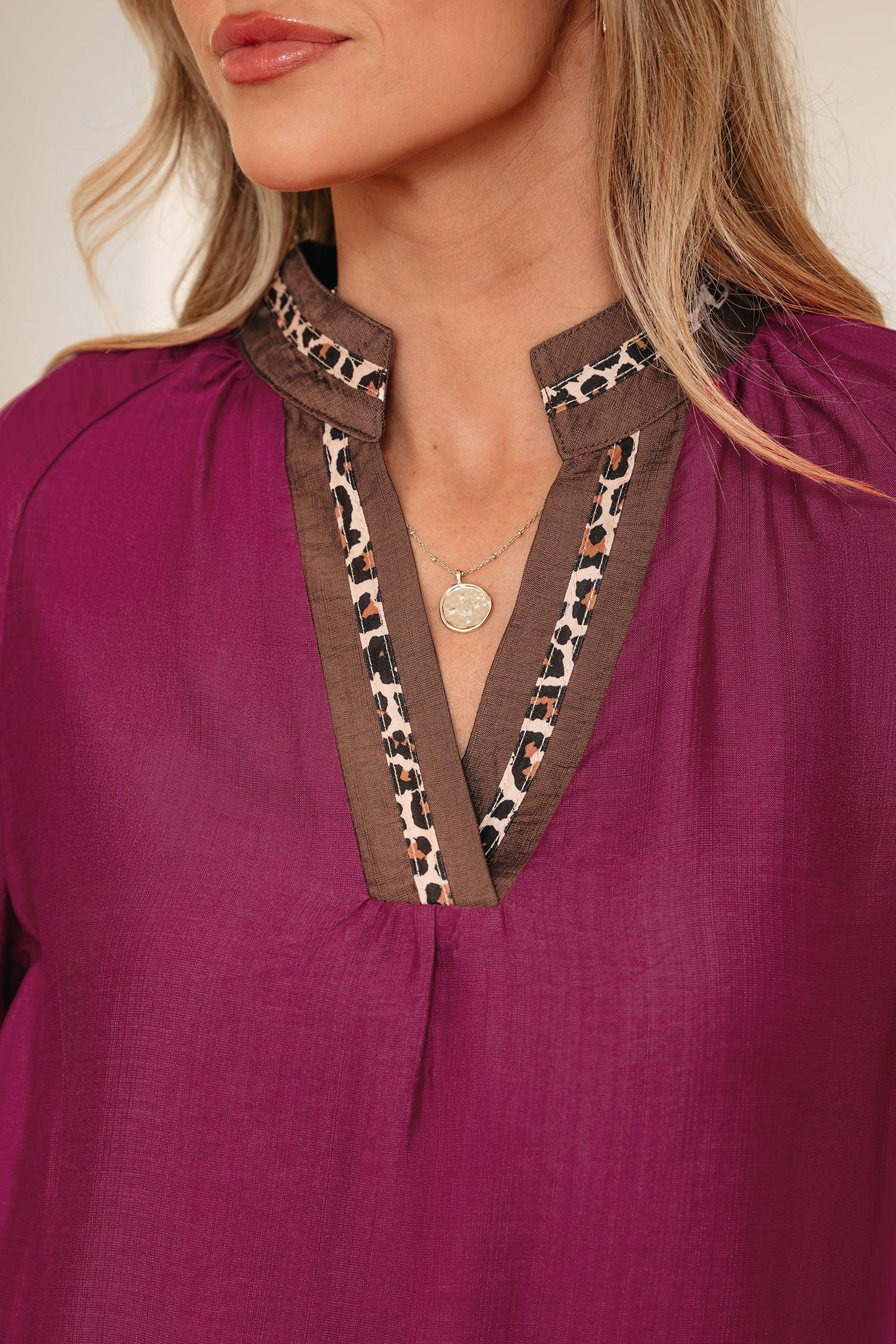Violet Leopard Trim V Neck Flounced Bracelet Sleeve Blouse - MarkoFit