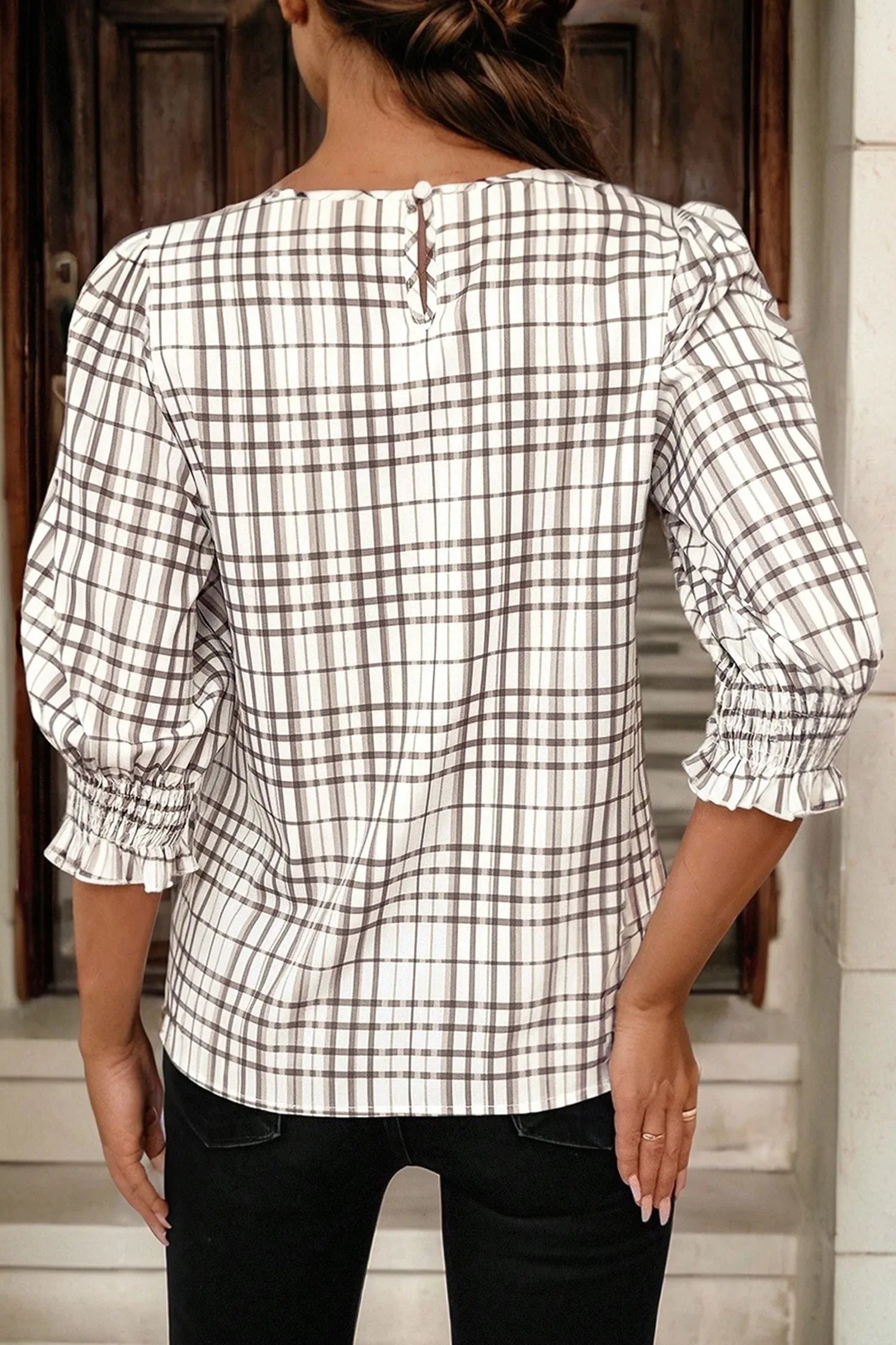 White Plaid Print Frilled Puffy Half Sleeve Blouse - MarkoFit
