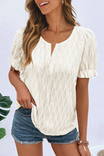 White Solid Color Textured Notched Neck Puff Sleeve Blouse - MarkoFit