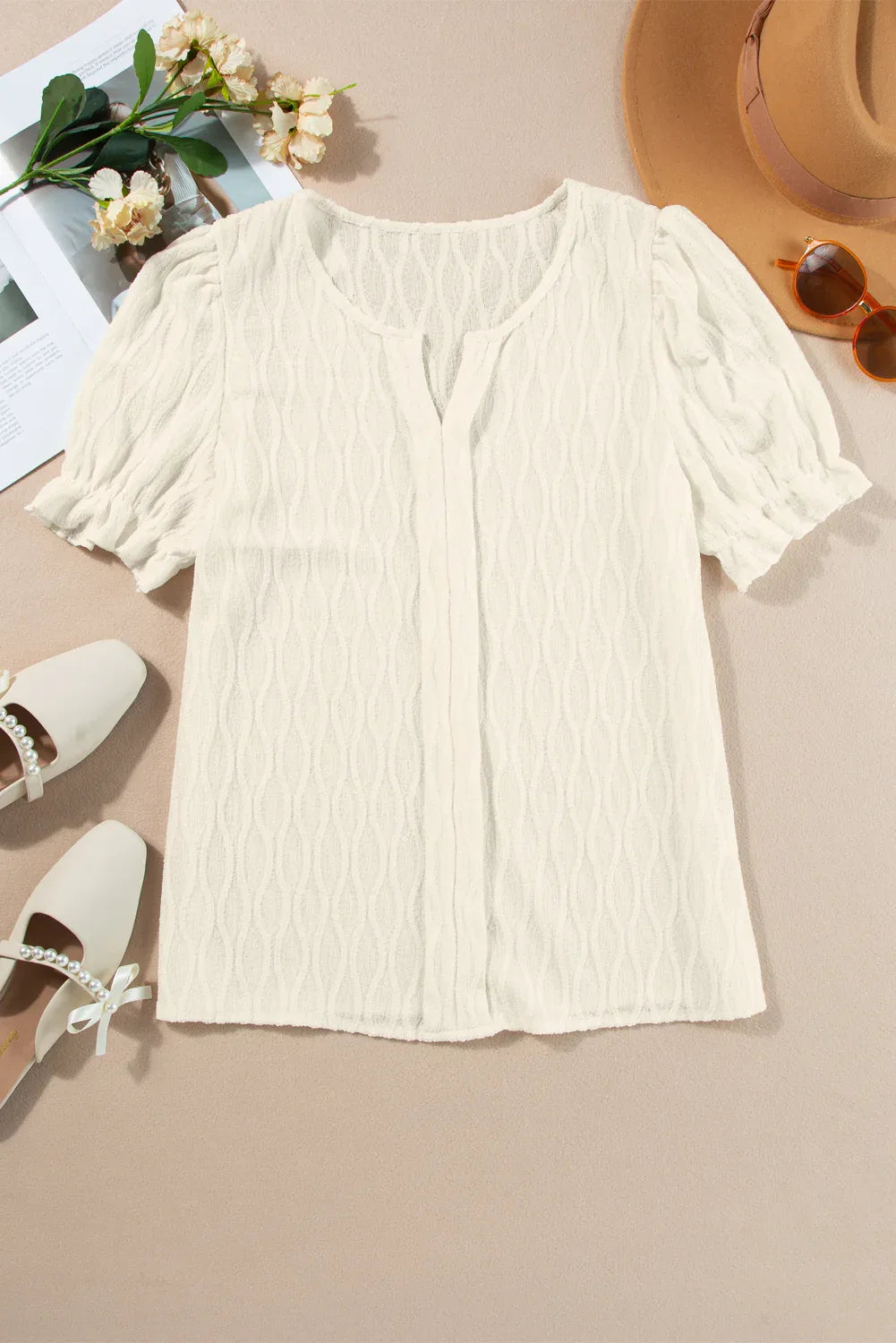 White Solid Color Textured Notched Neck Puff Sleeve Blouse - MarkoFit