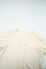 White Solid Color Textured Notched Neck Puff Sleeve Blouse - MarkoFit