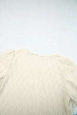 White Solid Color Textured Notched Neck Puff Sleeve Blouse - MarkoFit