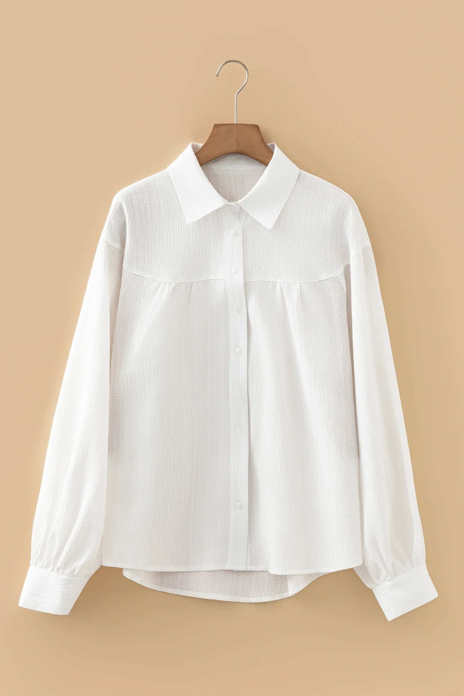 White Crinkled Texture Lantern Sleeve Button Down Loose Shirt - MarkoFit