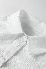 White Crinkled Texture Lantern Sleeve Button Down Loose Shirt - MarkoFit
