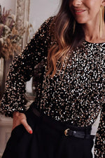 Black Deep V Back Sequin Puff Sleeve Bodysuit - MarkoFit
