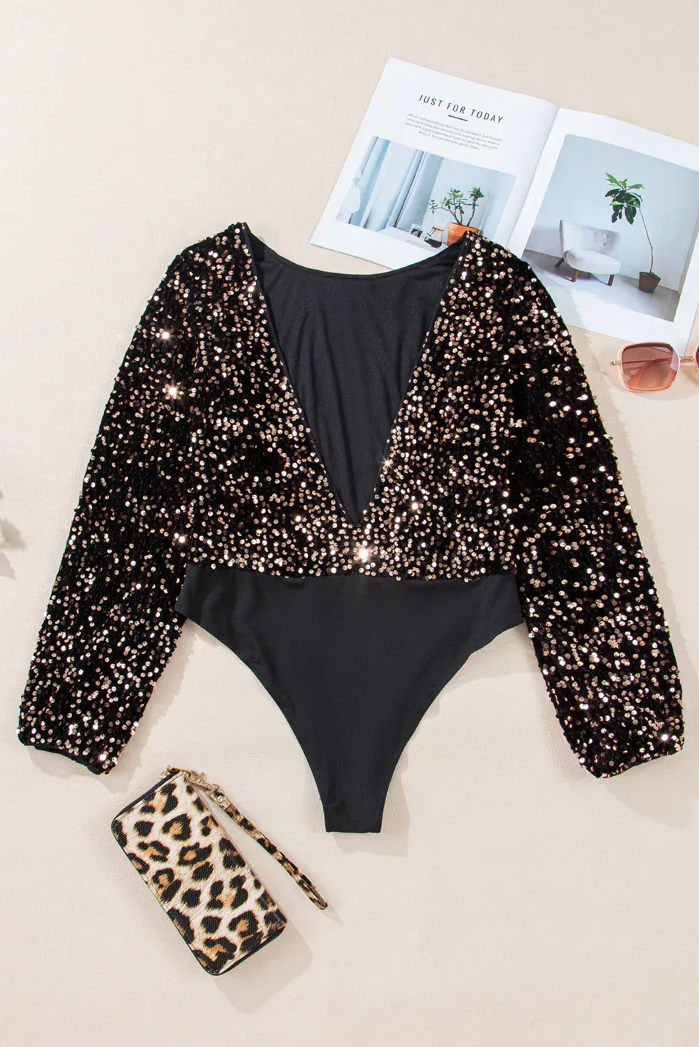 Black Deep V Back Sequin Puff Sleeve Bodysuit - MarkoFit